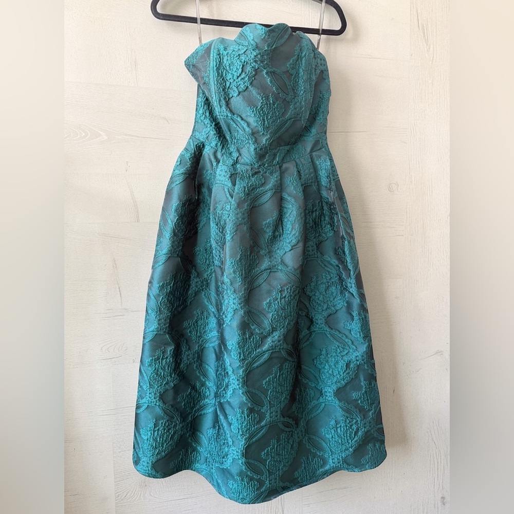 Strapless Teal Jacquard Midi Dress